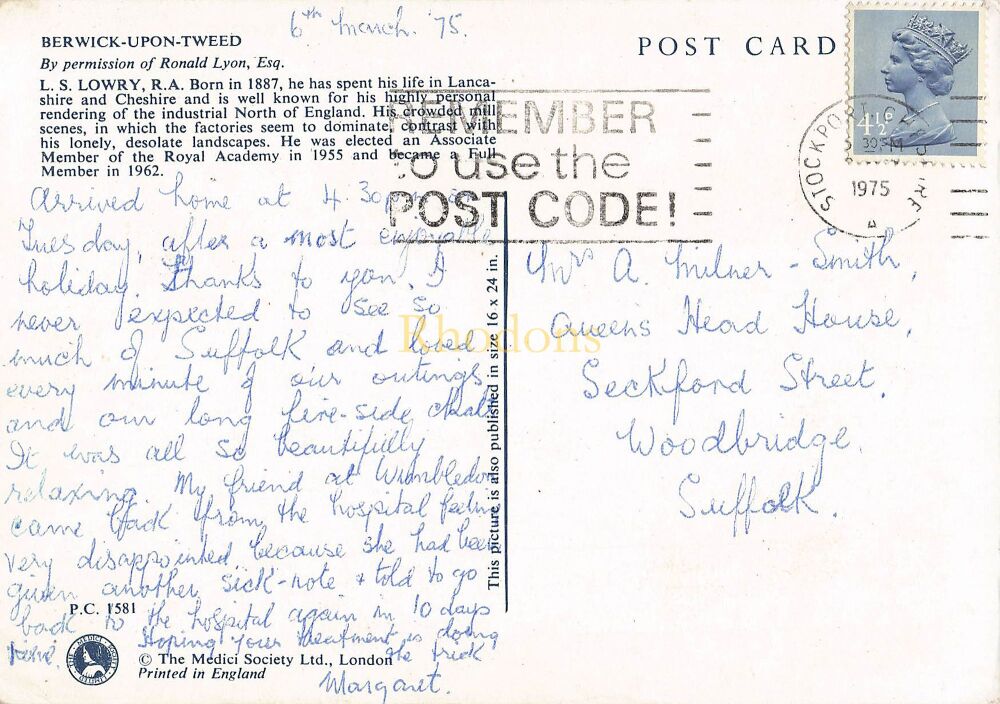 Medici Society Art Postcard - Berwick Upon Tweed, L S Lowry R A (PC 1581)
