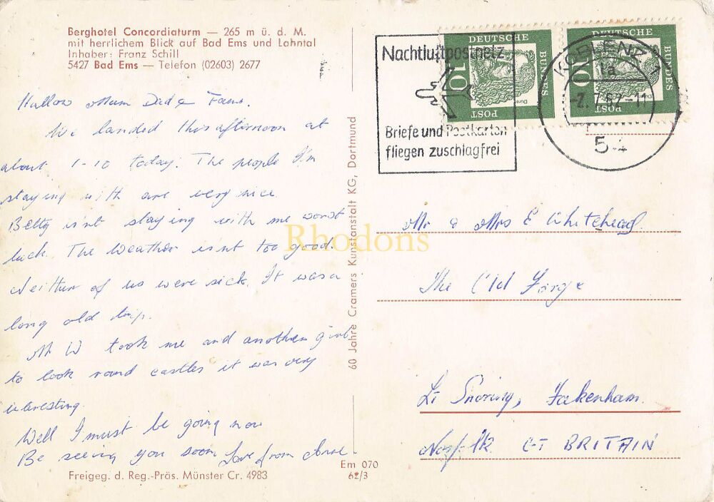 Berghotel Concordiaturm, Bad Ems, Germany - 1960s Postcard