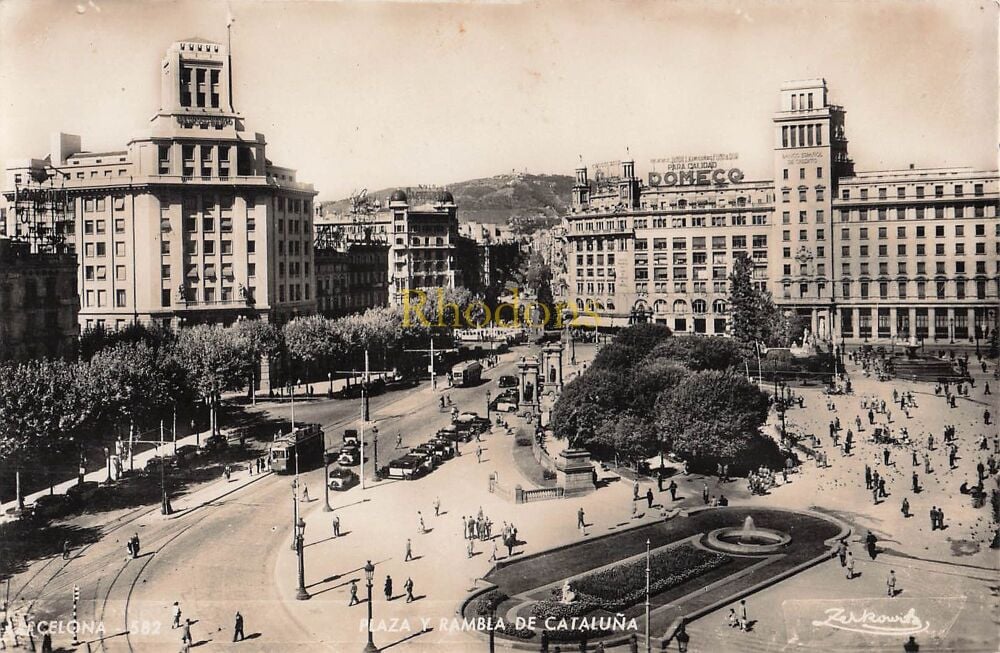 Barcelona, Spain-Plaza y Rambla De Cataluna-Real Photo Postcard