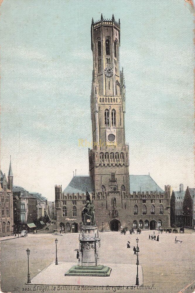 Bruges, Belgium-Belfry and Monument to Breydel & de Coninck-Early 1900s Postcard