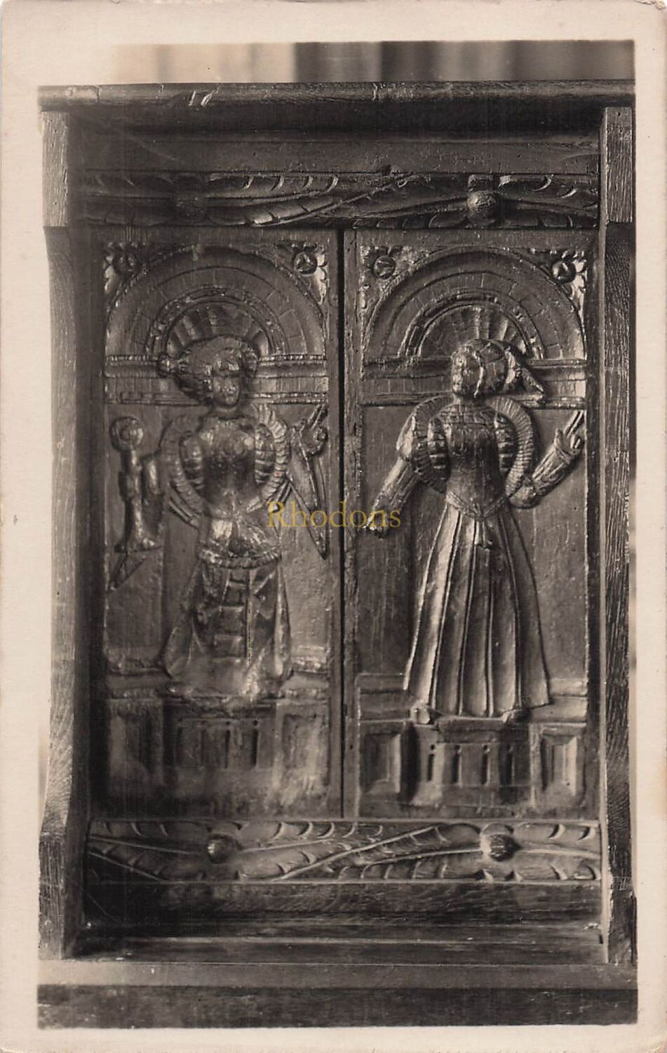 Carved Wood Panel-Unknown Location-Real Photo Postcard by Hawke, Helston Co