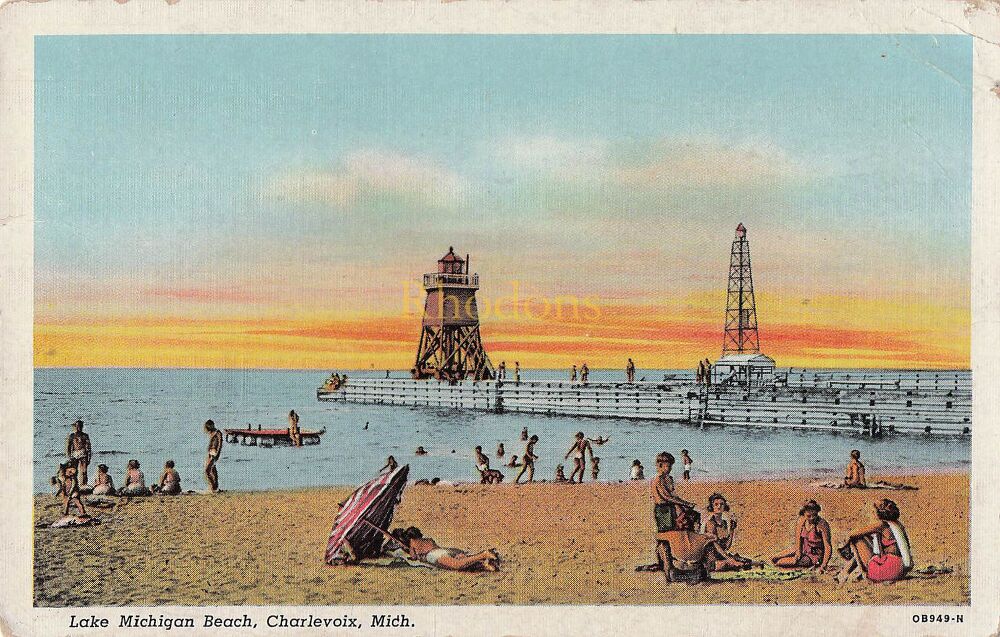 Lake Michigan Beach, Charlevoix, Michigan USA- G T American Art Postcard