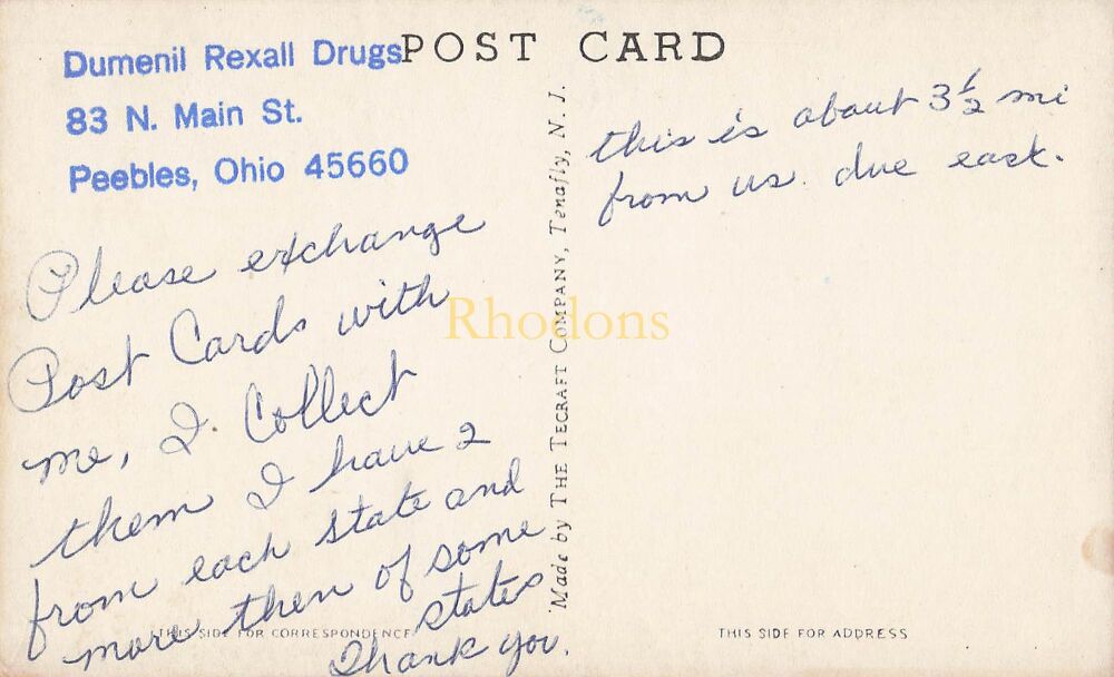 Peebles, Ohio, USA-State Roadside Park-Mid 1900s Postcard