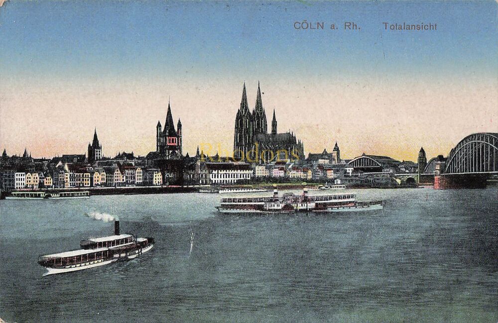 Koln, Cologne am Rhine, Germany-Cathedral, Bridge, River Boats etc-Early 1900s Colour Postcard