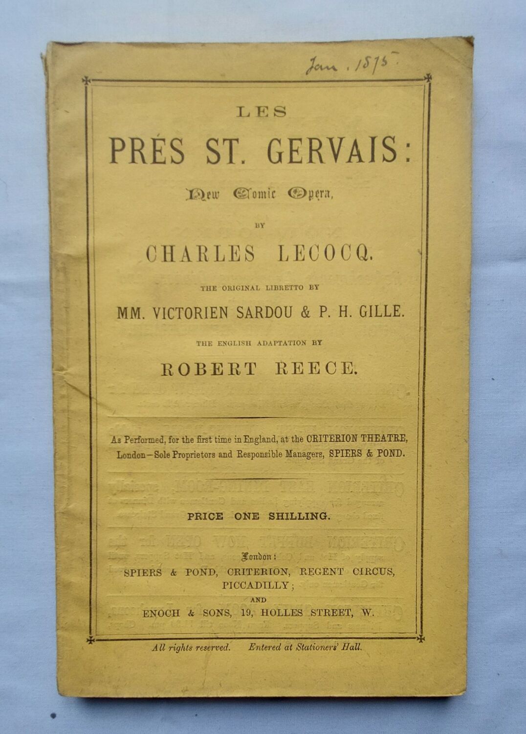 Opera-Les Pres St Gervais by Charles Lecocq-Operatic Libretto-19th Century 