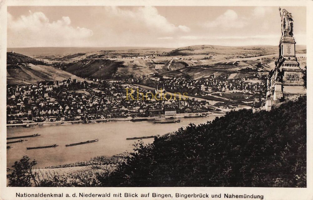 Nationaldenkmal a d Niederwald with view of Bingen, Bingerbruck and Nahemundung-1930s Postcard