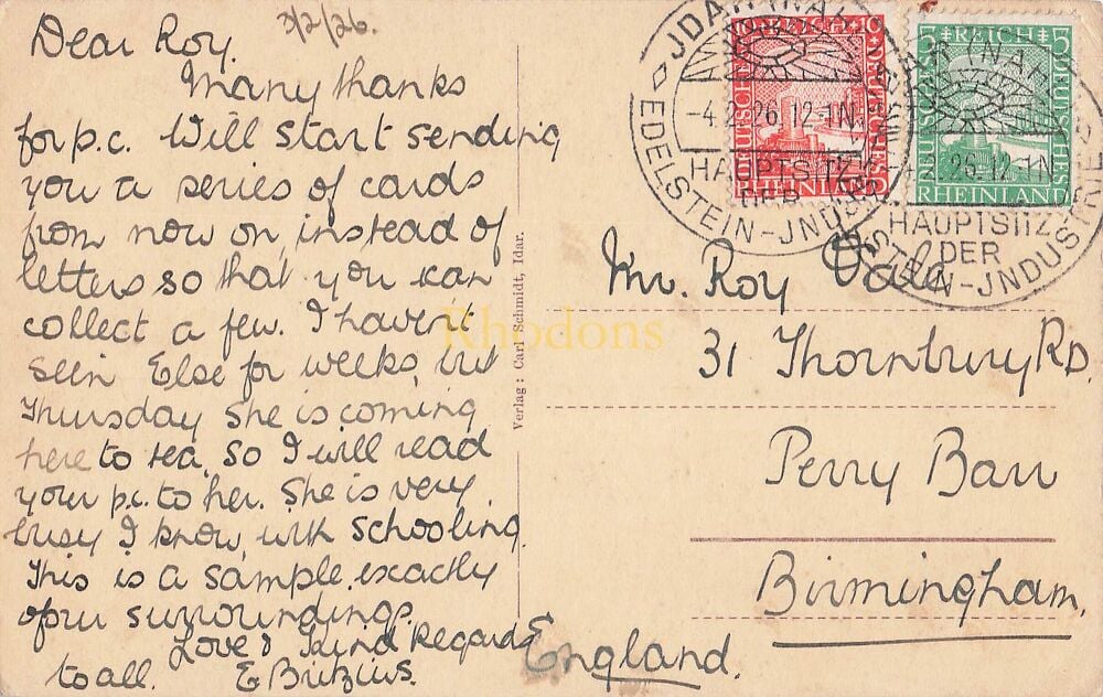 Genealogy Postcard-VALE, Perry Barr, Birmingham | Idar, Germany-Partie an der Nahe-1920s