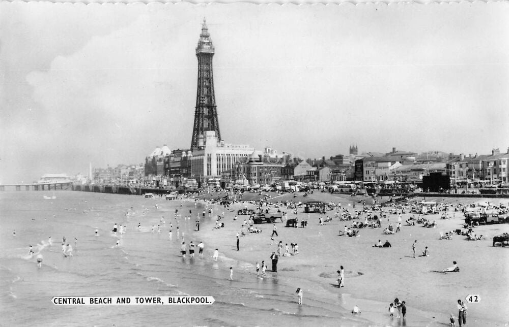 Blackpool, Lancs-Central Beach and Tower-1960s Real Photo Postcard