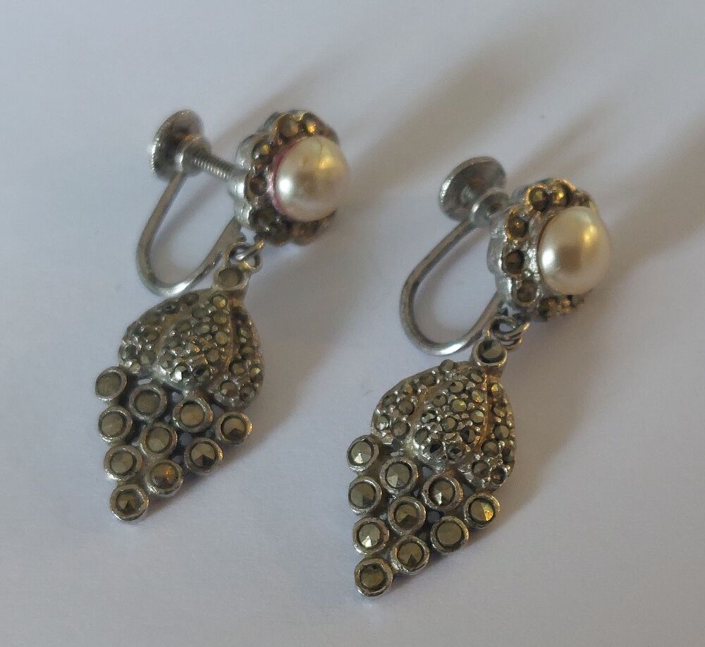 Marcasite Earrings With Drops, Faux Pearl Centres and Silver Backs-Screw Fittings