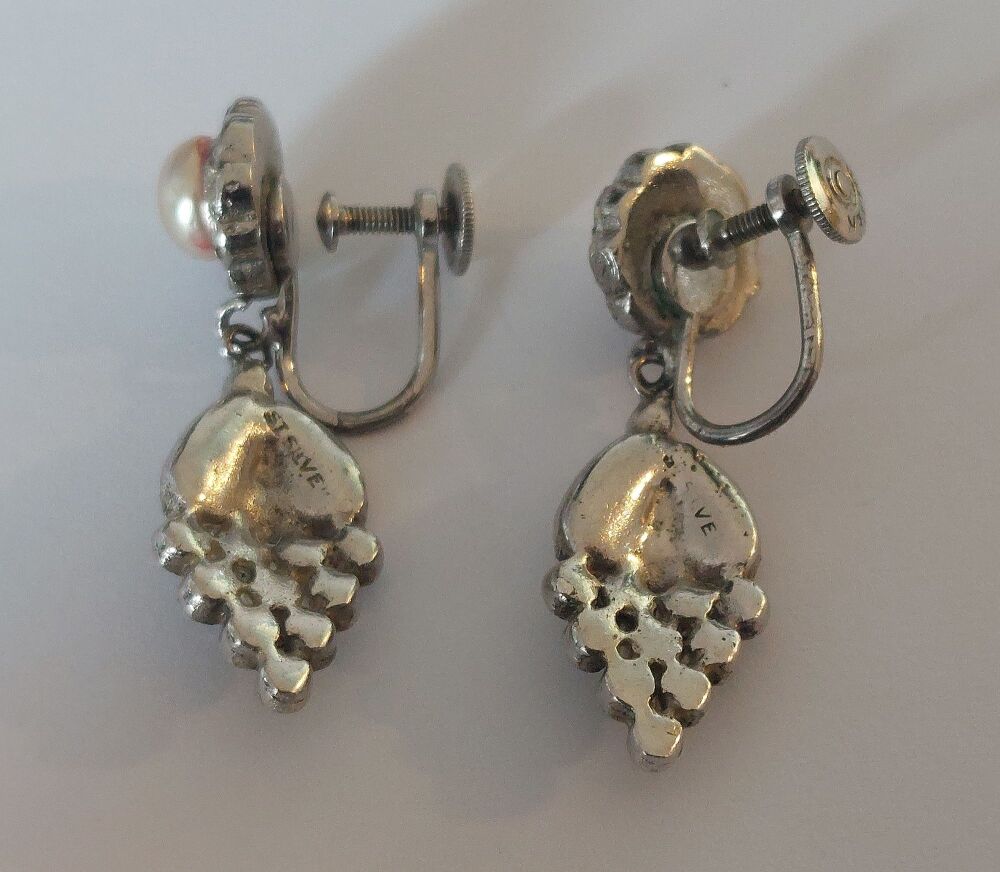 Marcasite Earrings With Drops, Faux Pearl Centres and Silver Backs-Screw Fittings