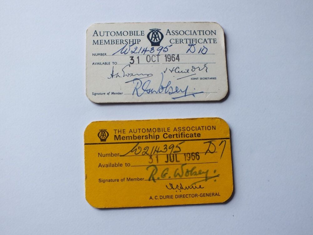 Vintage AA  / Automobile Association Membership Cards- 1960s