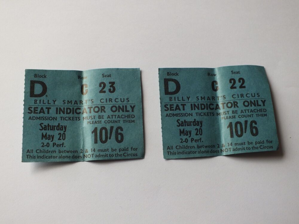 Billy Smarts Circus -1960s  Seat Indicator Ticket Stubs