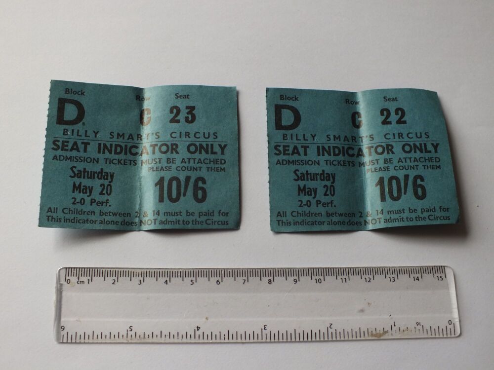 Billy Smarts Circus -1960s  Seat Indicator Ticket Stubs