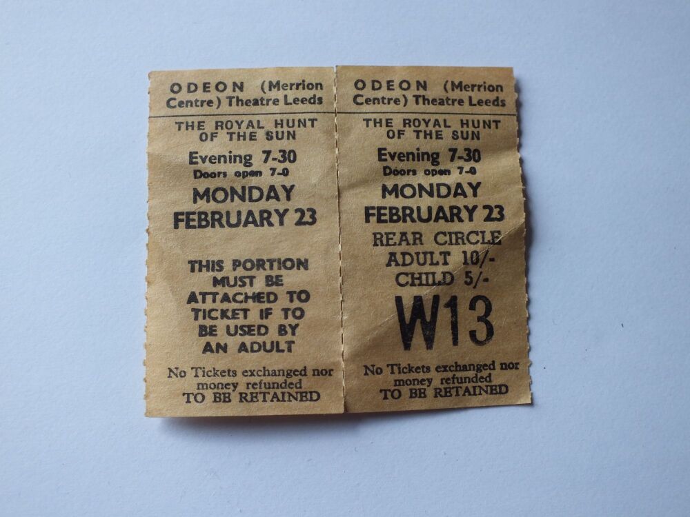 Vintage Cinema Ticket Stubs - Odeon (Merrion Centre) Theatre Leeds, Monday 23 February 1970 - Royal Hunt Of The Sun