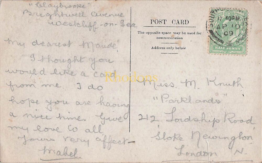 Essex Postcard-Westcliff on Sea, Souvenir Multiview RPPC-Family History Interest Miss M KNUTH Lordship Road Stoke Newington, London 1909