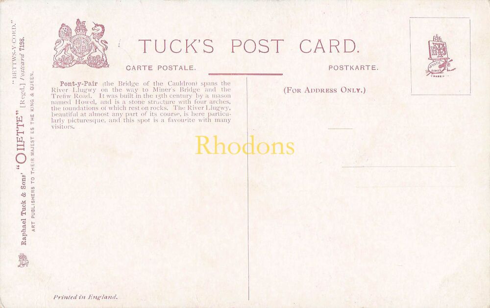 Wales Postcard-Pont Y Pair, Bettws-Y Coed-Early 1900s Tucks Oilette