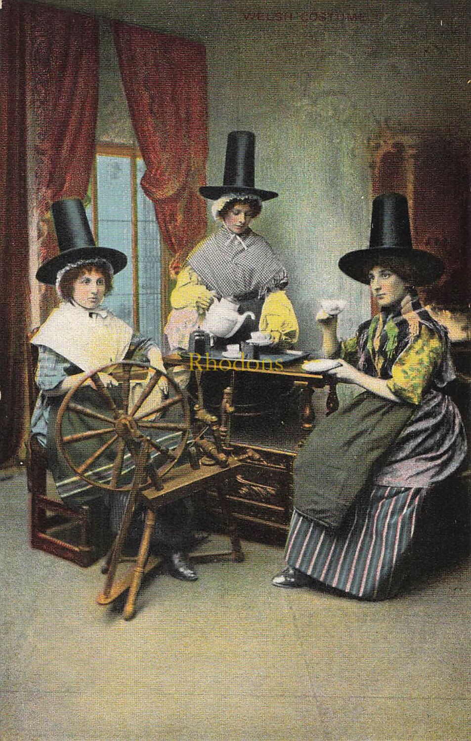 Wales Postcard-Welsh Women In National Costume With Spinning Wheel-Early 19
