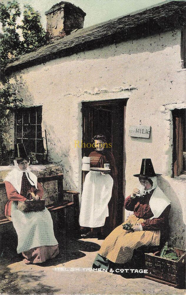 Wales Postcard-Welsh Women & Cottage-National Costume-Early 1900s