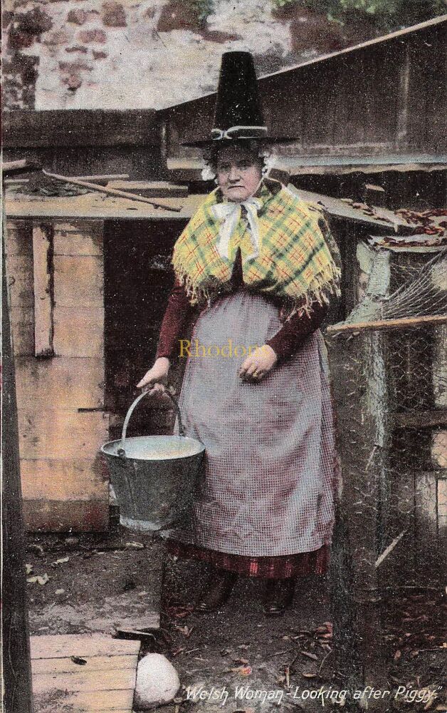 Wales Postcard-Welsh Woman Looking After Piggy-National Costume-Early 1900s