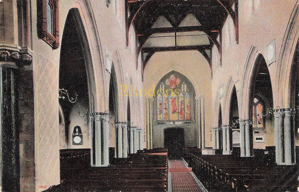 Devon Postcard-Sidmouth, Interior of Parish Church Showing Queens Window-Peacock Brand