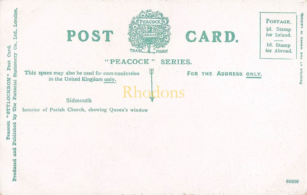 Devon Postcard-Sidmouth, Interior of Parish Church Showing Queens Window-Peacock Brand