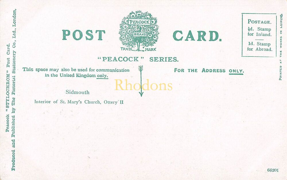 Devon Postcard-Sidmouth, Interior of St Marys Church, Ottery II-Early 1900s Peacock Brand