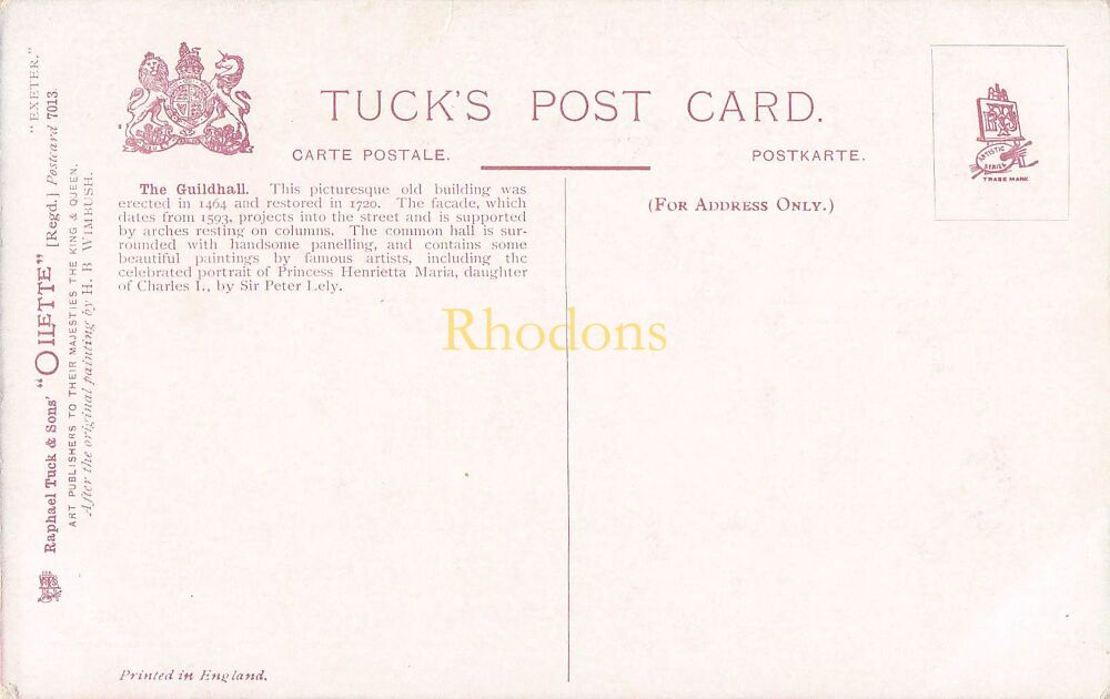 Devon Postcard-Exeter Guild Hall, High Street-Early 1900s Tucks Oilette Postcard No 7013