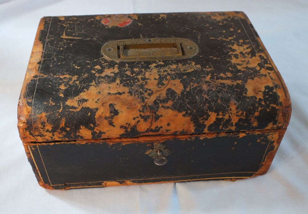 Victorian Leather Clad Jewellery Box-Chased Brass Handle, Lock, Hinges-For Restoration / Refurbishment