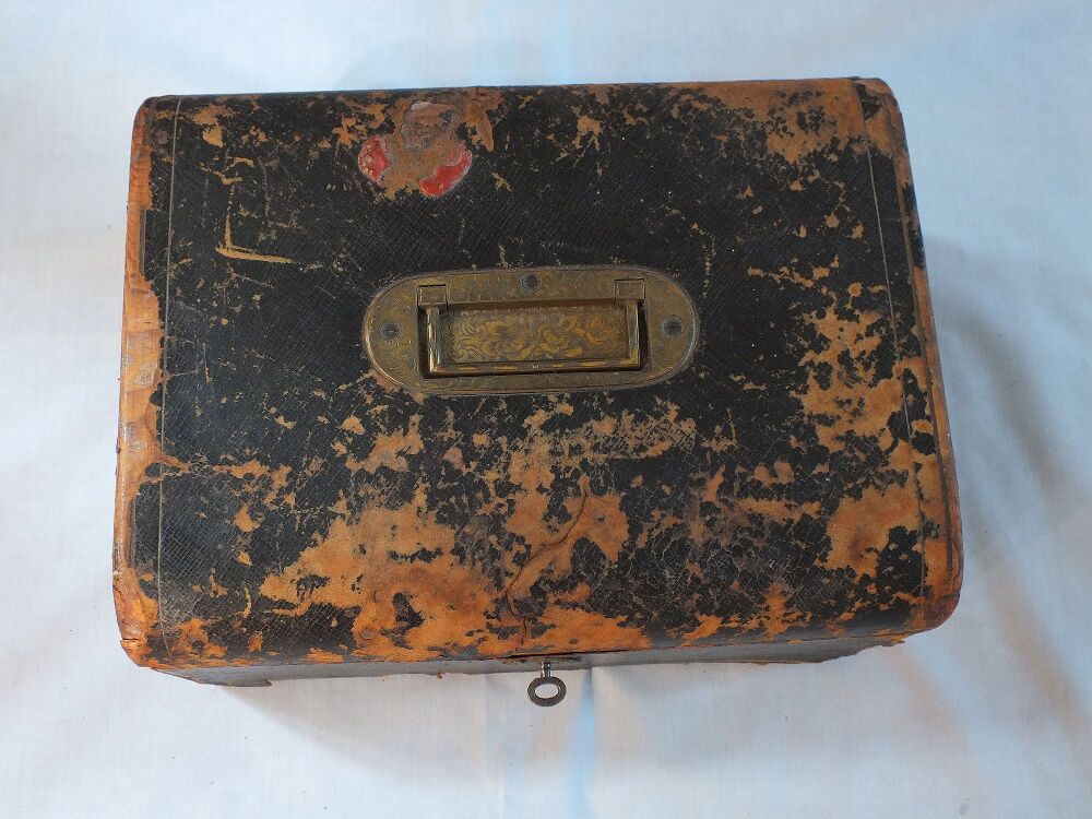 Victorian Leather Clad Jewellery Box-Chased Brass Handle, Lock, Hinges-For Restoration / Refurbishment
