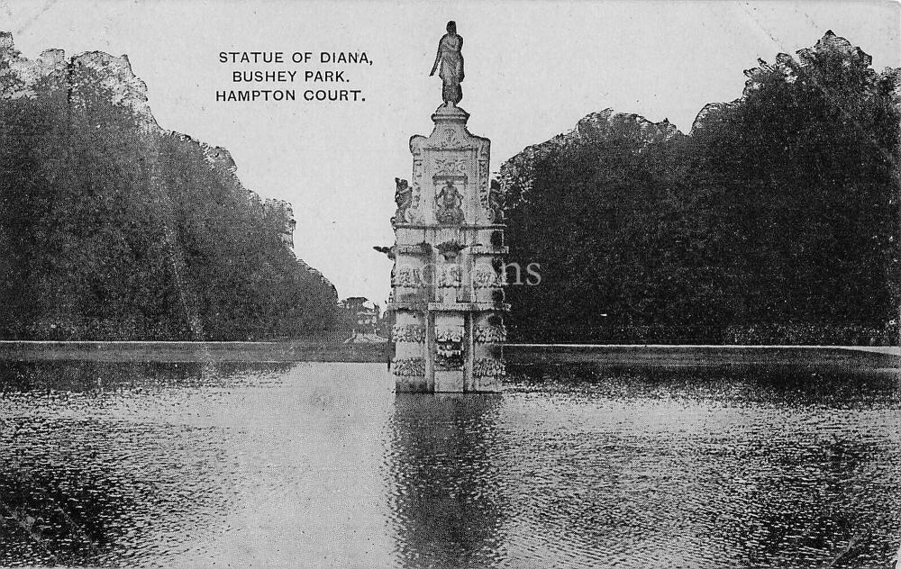London Postcard- Bushey Park, Hampton Court-Statue of Diana-Early 1900s Auto-Photo Series