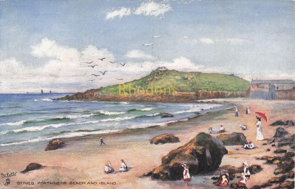 Cornwall Postcard-St Ives-Porthmoor Beach and Island-Early 1900s Tuck Oilette No 7025