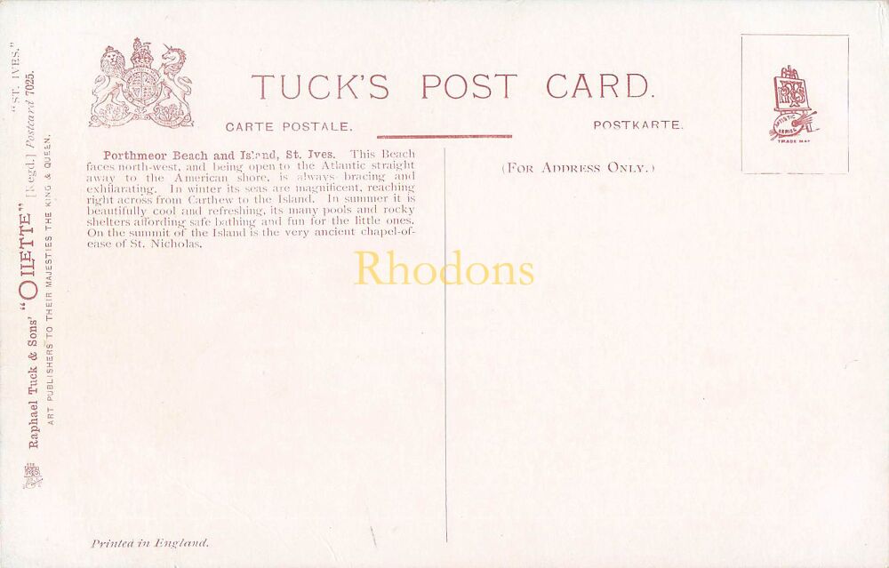 Cornwall Postcard-St Ives-Porthmoor Beach and Island-Early 1900s Tuck Oilette No 7025