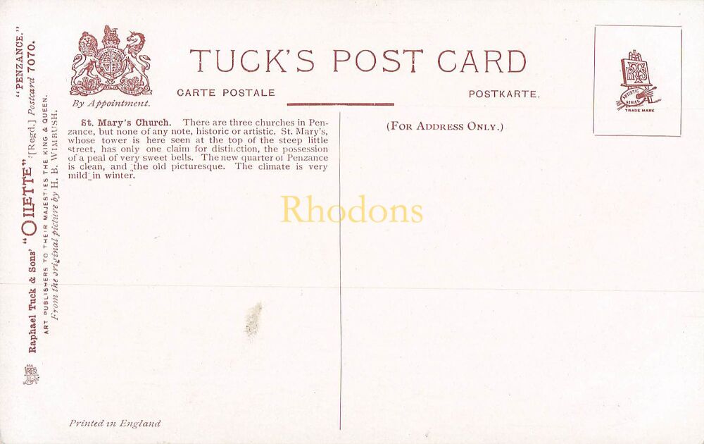 Cornwall Postcard-Penzance-St Marys Church-Early 1900s Tucks Oilette Postcard No 7070