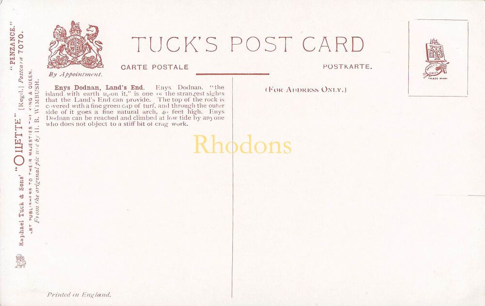 Cornwall Postcard-Enys Dodnan, Lands End-Early 1900s Tucks Oilette Penzance Postcard No 7070