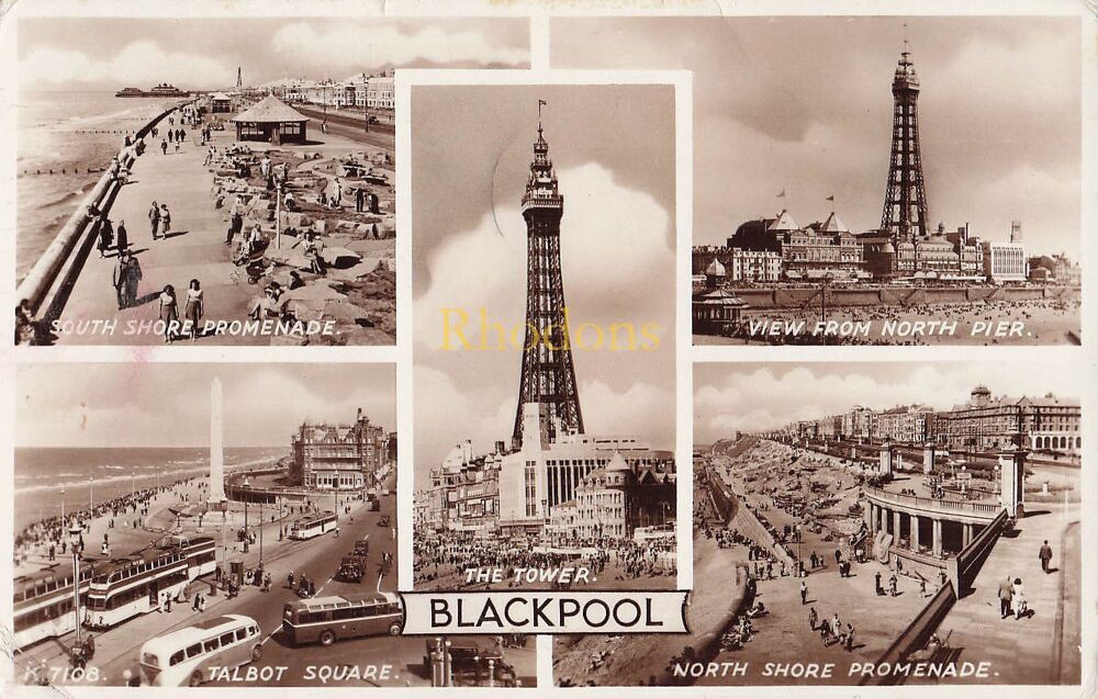 Lancashire Postcard-Blackpool Multiview-1950s Valentines Series Real Photo | Sent To: Mrs M ABEL, Alpington, Norfolk, 1955