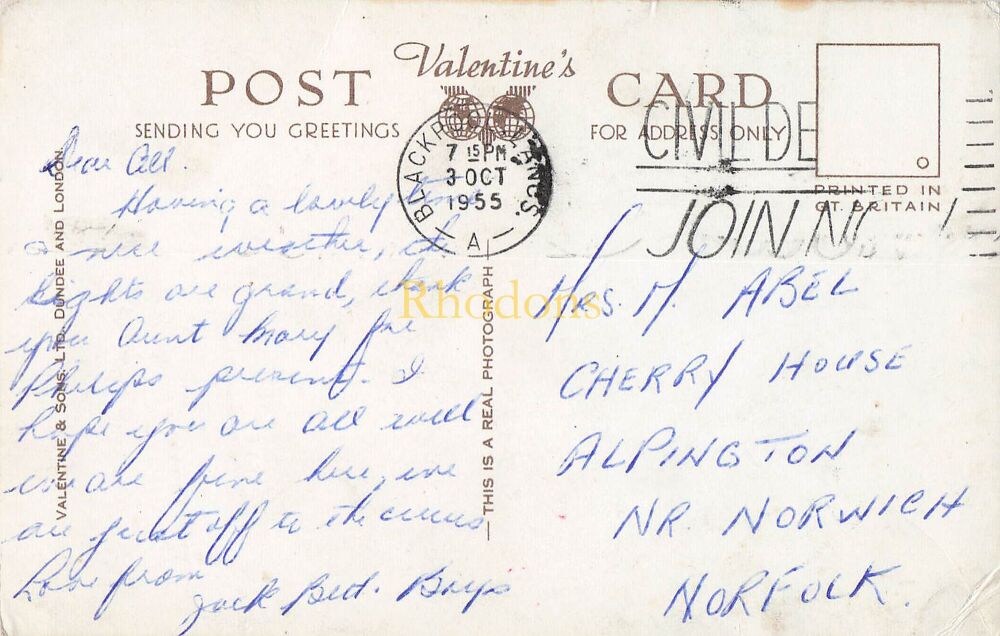 Lancashire Postcard-Blackpool Multiview-1950s Valentines Series Real Photo | Sent To: Mrs M ABEL, Alpington, Norfolk, 1955