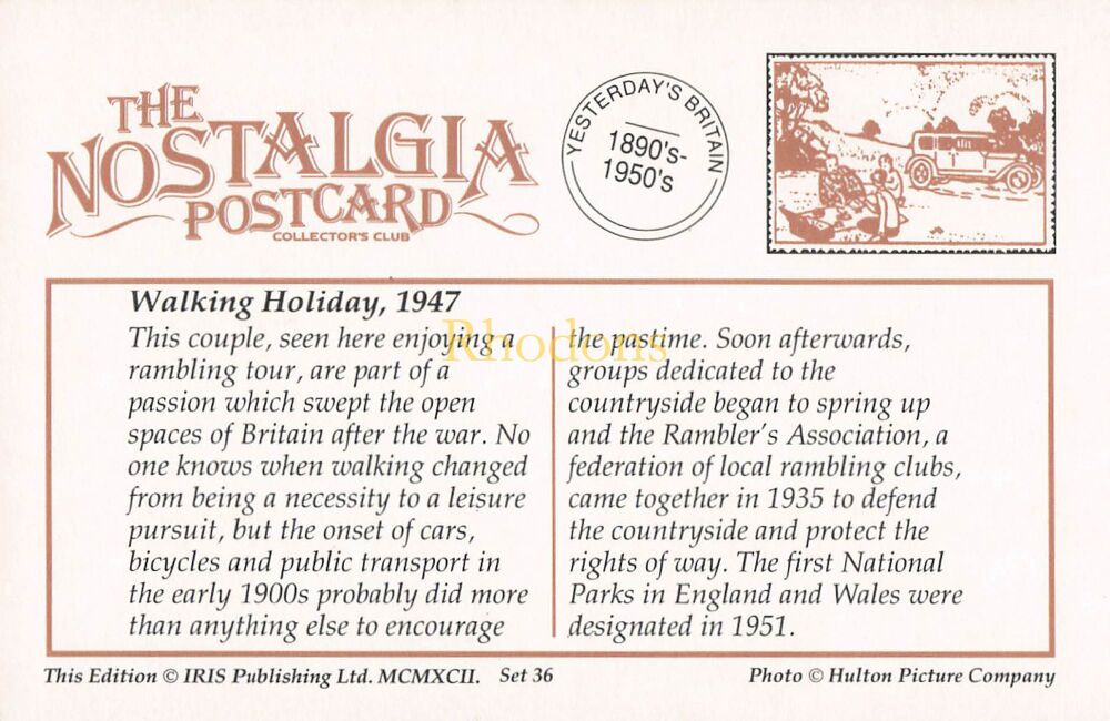 Social History-Walking Holiday, 1947-From The Nostalgia Postcard Collectors Club-1992 Set #36