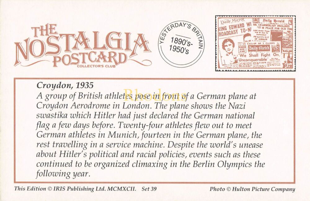Social History-Athletes at Croydon Aerodrome, 1935-From The Nostalgia Postcard Collectors Club-1992 Set #39