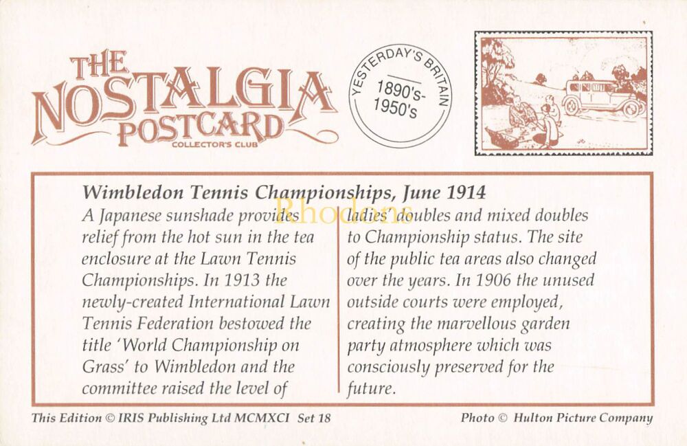 Social History-Wimbledon Tennis Championships, June 1914-From The Nostalgia Postcard Collectors Club 1991 Set #18