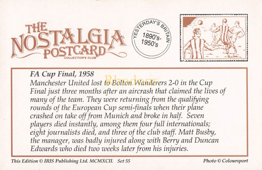 Social History-Football, F A Cup Final, 1958-From The Nostalgia Postcard Collectors Club 1992 Set #55