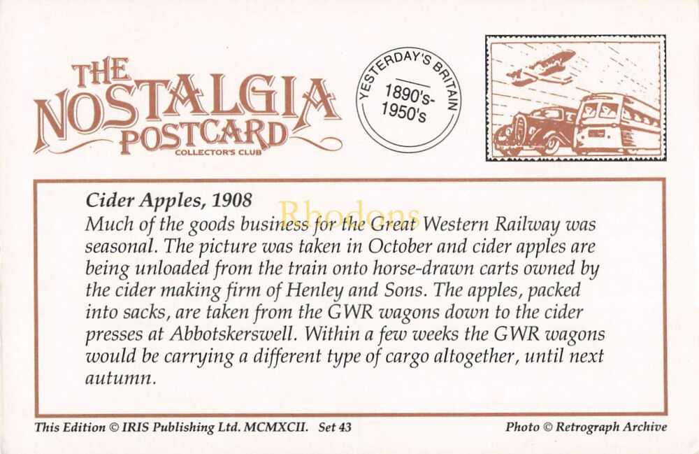 Social History-Cider Apples, Great Western Railway, 1908-From The Nostalgia Postcard Collectors Club 1992 Set #43