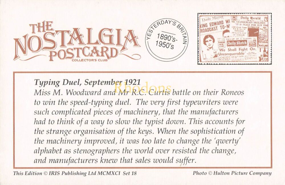 Social History-Typing Duel, September 1921 Between Miss M Woodward and Mr R C Curtis-From The Nostalgia Postcard Collectors Club 1991 Set #18
