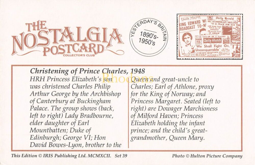 Christening of Prince Charles, 1948-From The Nostalgia Postcard Collectors Club 1992 Set #39