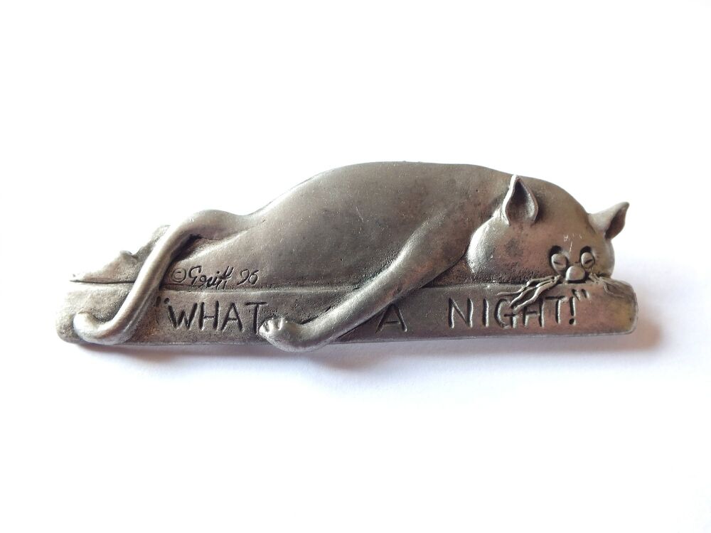 Pewter Cat Pin Brooch-What A Night-Signed, 1996 Vintage
