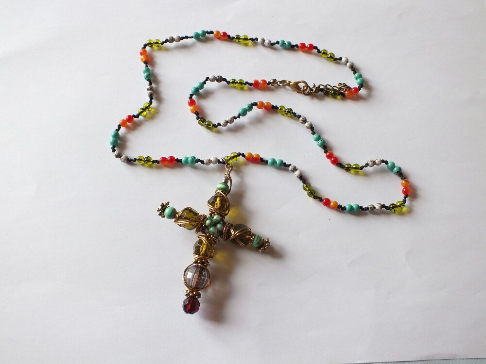 Wired Bead Crucifix Necklace