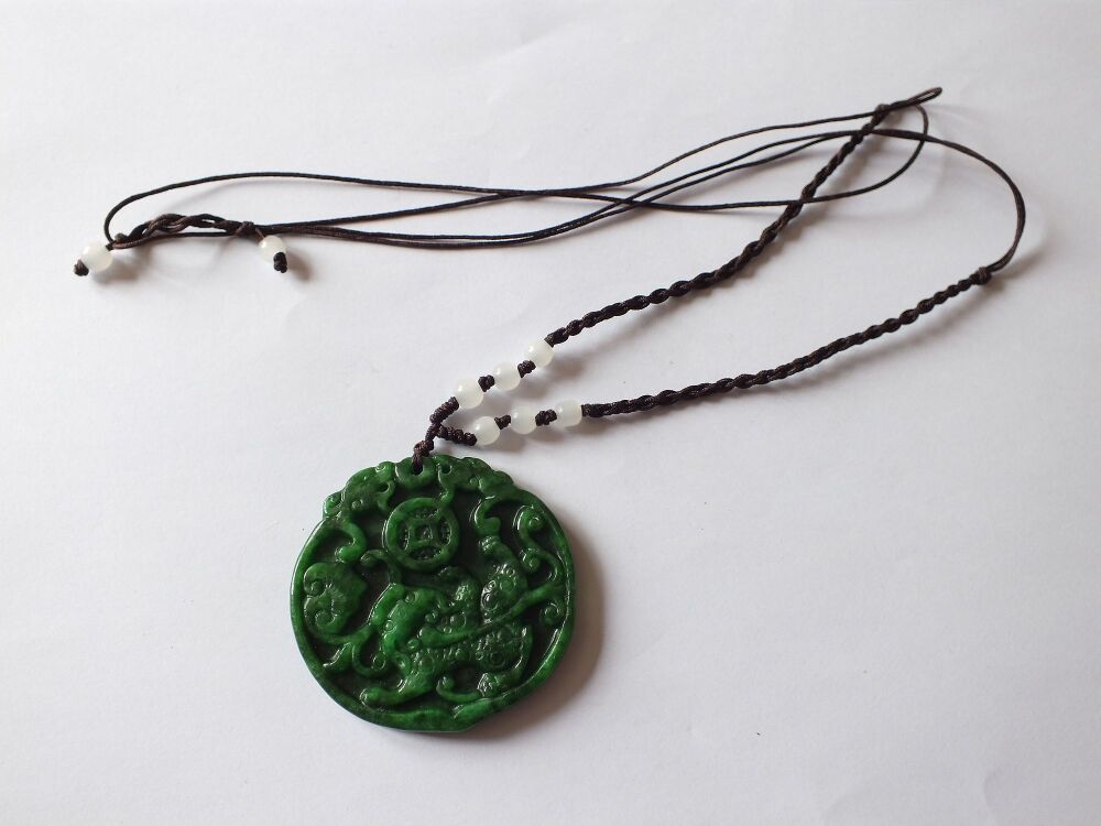 Faux Jade Chinese Dragon Medallion Pendant Necklace