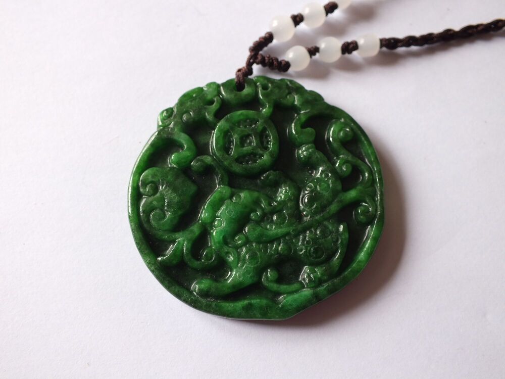 Faux Jade Chinese Dragon Medallion Pendant Necklace