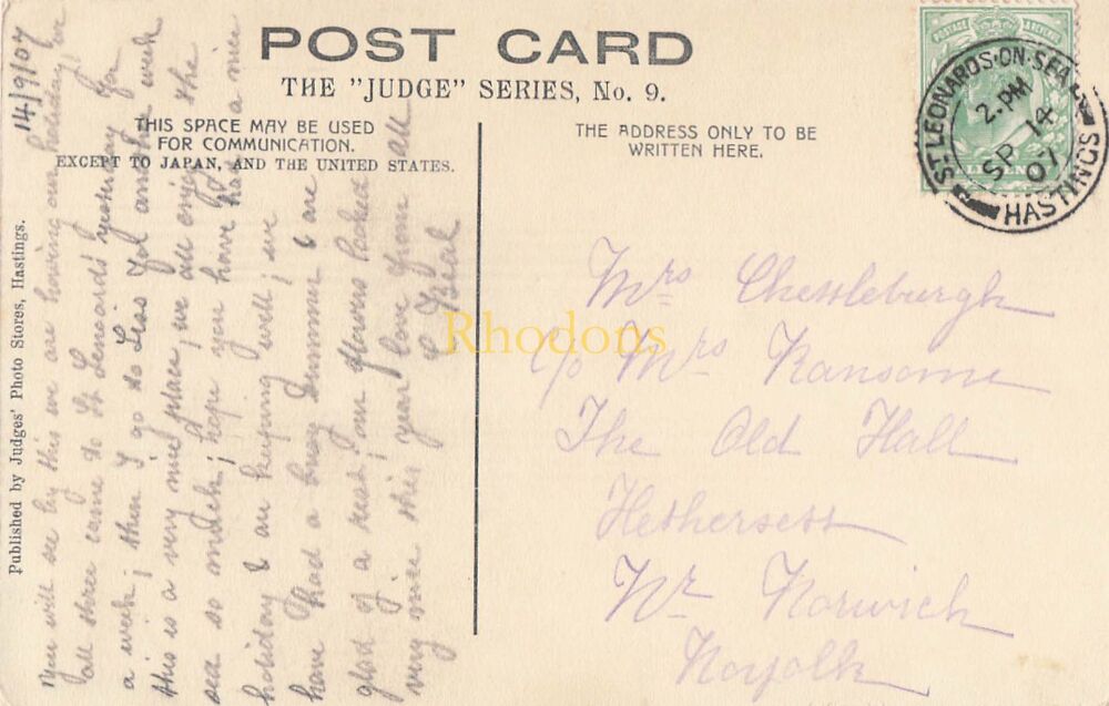 Genealogy Postcard-Mrs CHESSLEBURGH, The Old Hall, Hethersett Norfolk-St Leonards on Sea-September 1907