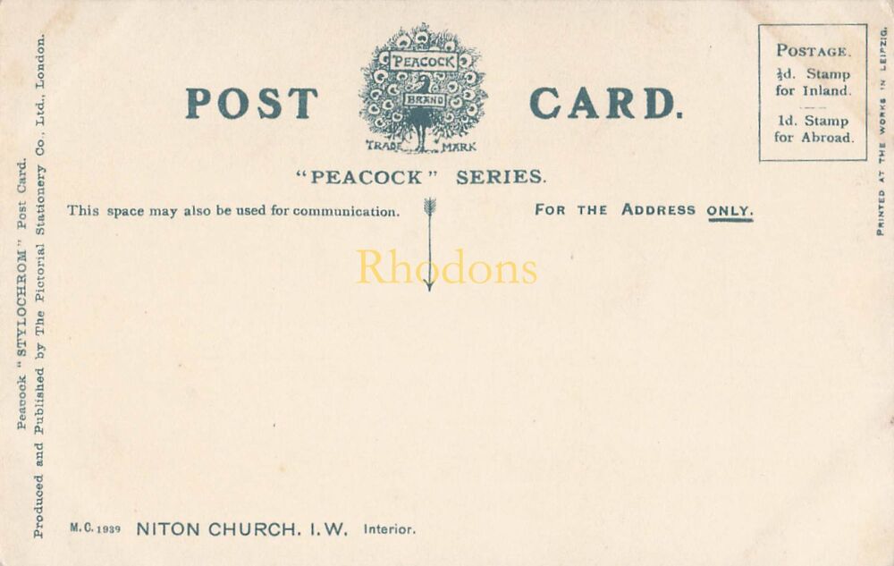 Isle of Wight Postcard-Niton Church IOW-Early 1900s Interior View-Peacock Series