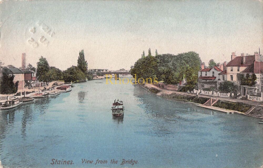 Surrey Postcard-Staines, View From The Bridge-Early 1900s Friths Series | Miss KEELEY, Goodmayes, Essex 1905